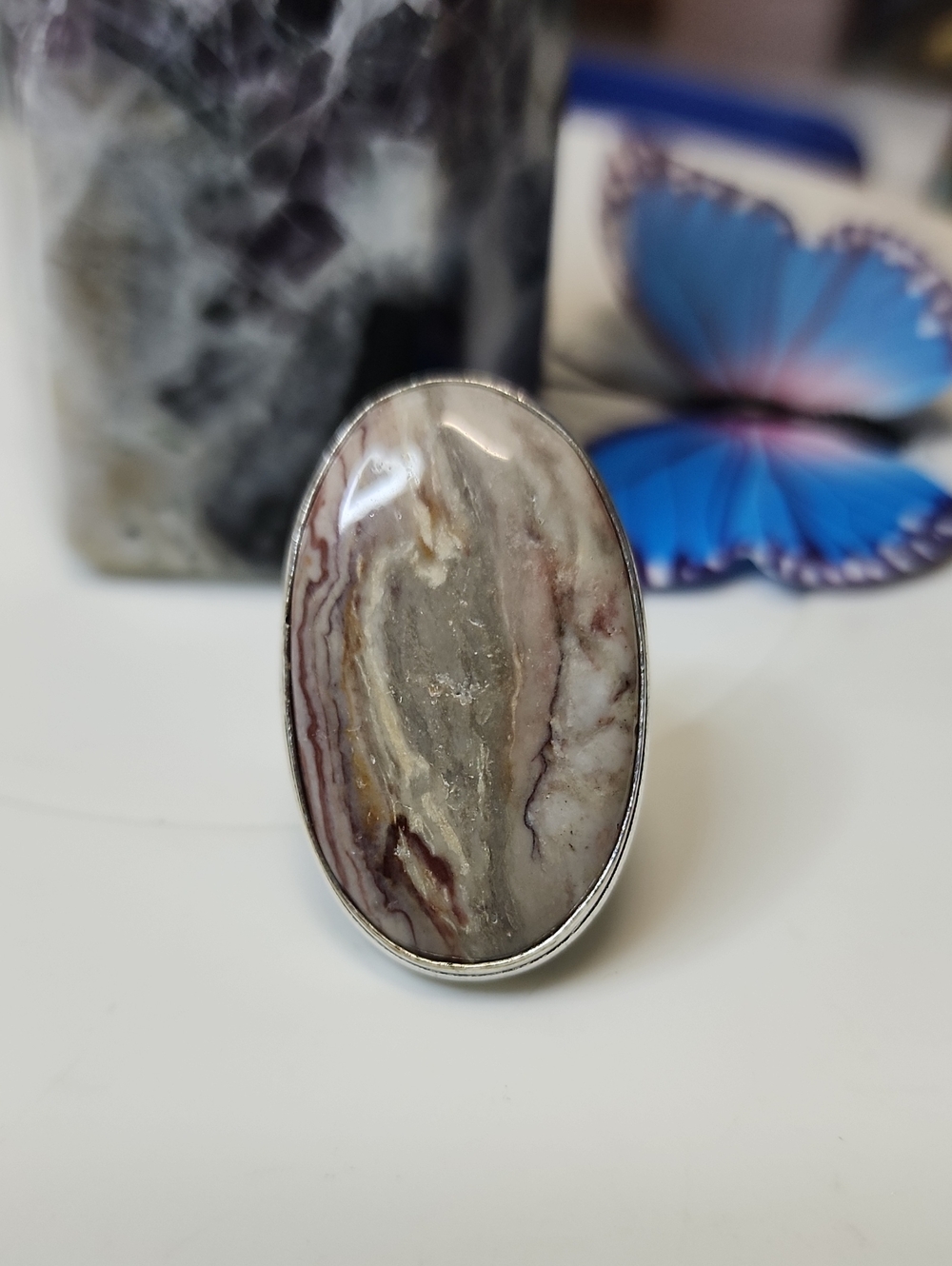 Beige and Gray Oval Stone Statement Ring